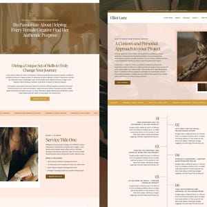 May include: A website design for the "Elliot WordPress Theme" with 10 landing page designs. The design uses a neutral colour palette with text and images, including the text "I'm Passionate About Helping Every Female Creative Find Her Authentic Purpose."