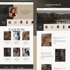 May include: Two website design layouts for a WordPress theme, showcasing blog pages. The designs feature images, text, and product displays. The text includes "ILONA EMERY" and "CHIC BLOG PAGES + SHOWCASE YOUR FAVORITE PRODUCTS."