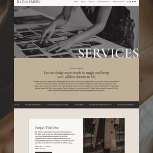 May include: A website design featuring the text "SERVICES" in a stylish font. The design includes sections for services, portfolio, and gallery pages. The color scheme is neutral with a focus on text and layout.