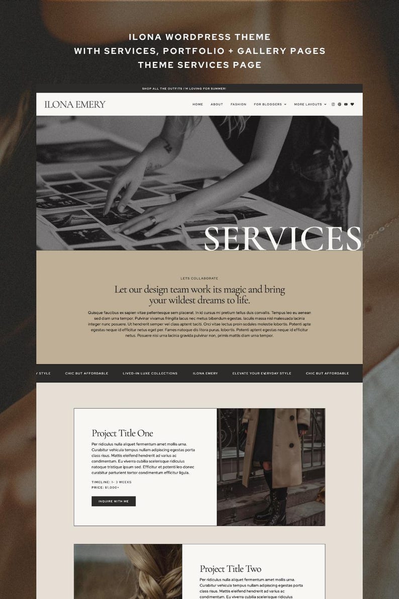 May include: A website design featuring the text "SERVICES" in a stylish font. The design includes sections for services, portfolio, and gallery pages. The color scheme is neutral with a focus on text and layout.