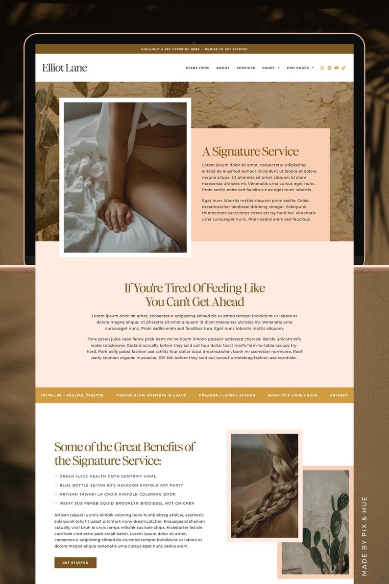May include: A website design displayed on a tablet screen, featuring the Elliot Lane logo. The site includes sections labelled "A Signature Service" and "If You're Tired Of Feeling Like You Can't Get Ahead."