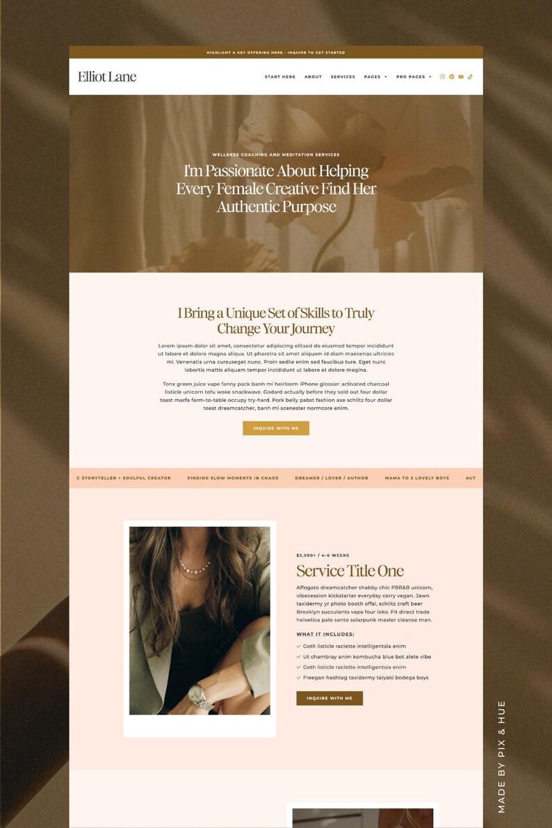 May include: A website design in neutral tones. The header displays "Elliot Lane" and navigation links. The main content includes text about wellness coaching and a service title. The design is clean and contemporary.