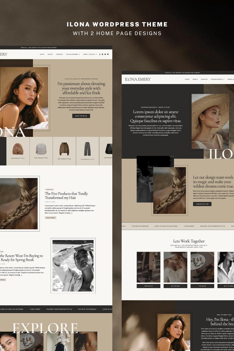 May include: Website design showcasing two homepage designs. The text reads "ILONA WORDPRESS THEME WITH 2 HOME PAGE DESIGNS". The design includes images of women, text, and product displays. The theme is focused on fashion and lifestyle.