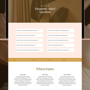 May include: A laptop screen displaying a website design. The website, branded "Elliot Lane," includes sections for "Frequently Asked Questions" and "What to Expect." The design uses a neutral colour palette with text and graphics.