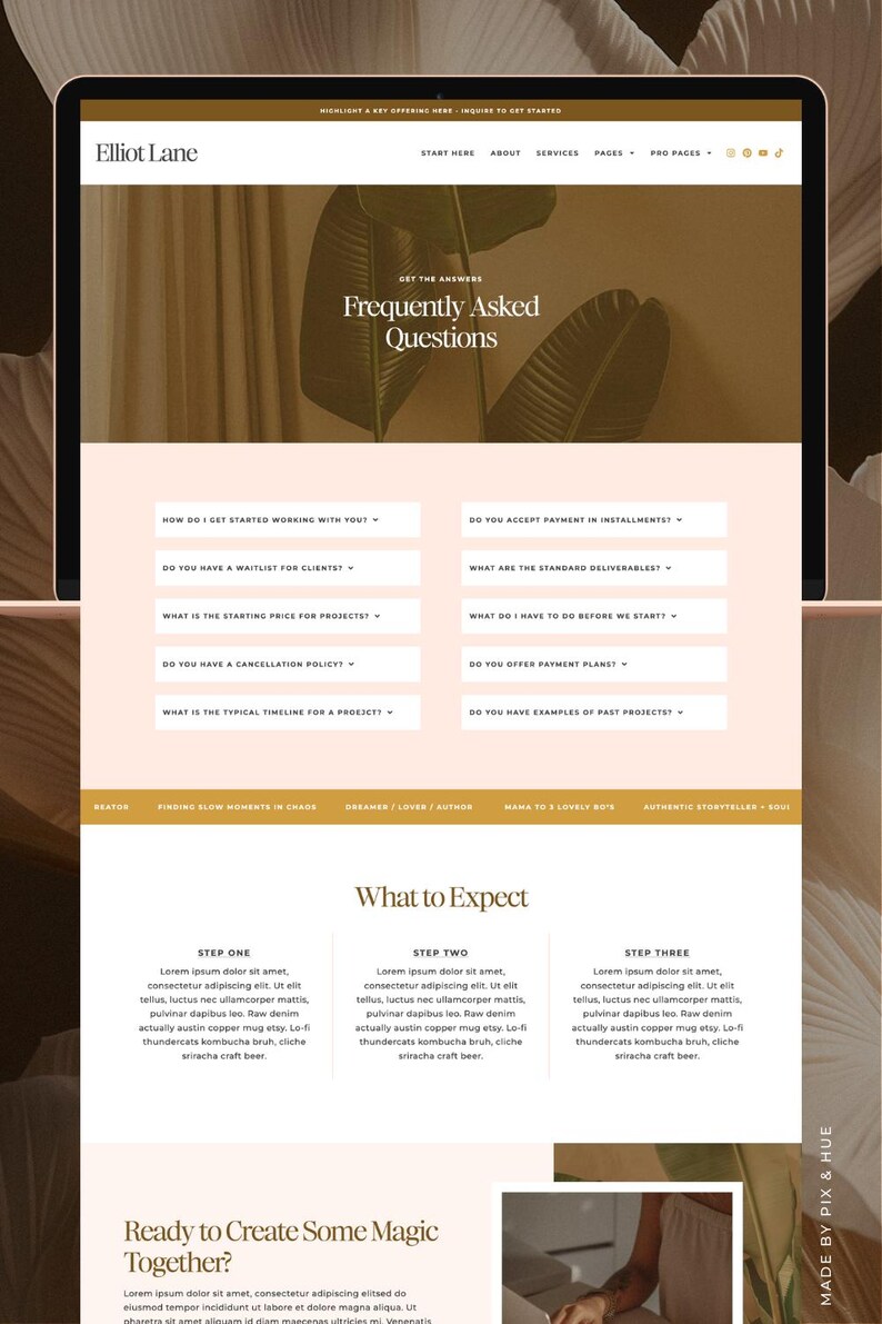 May include: A laptop screen displaying a website design. The website, branded "Elliot Lane," includes sections for "Frequently Asked Questions" and "What to Expect." The design uses a neutral colour palette with text and graphics.