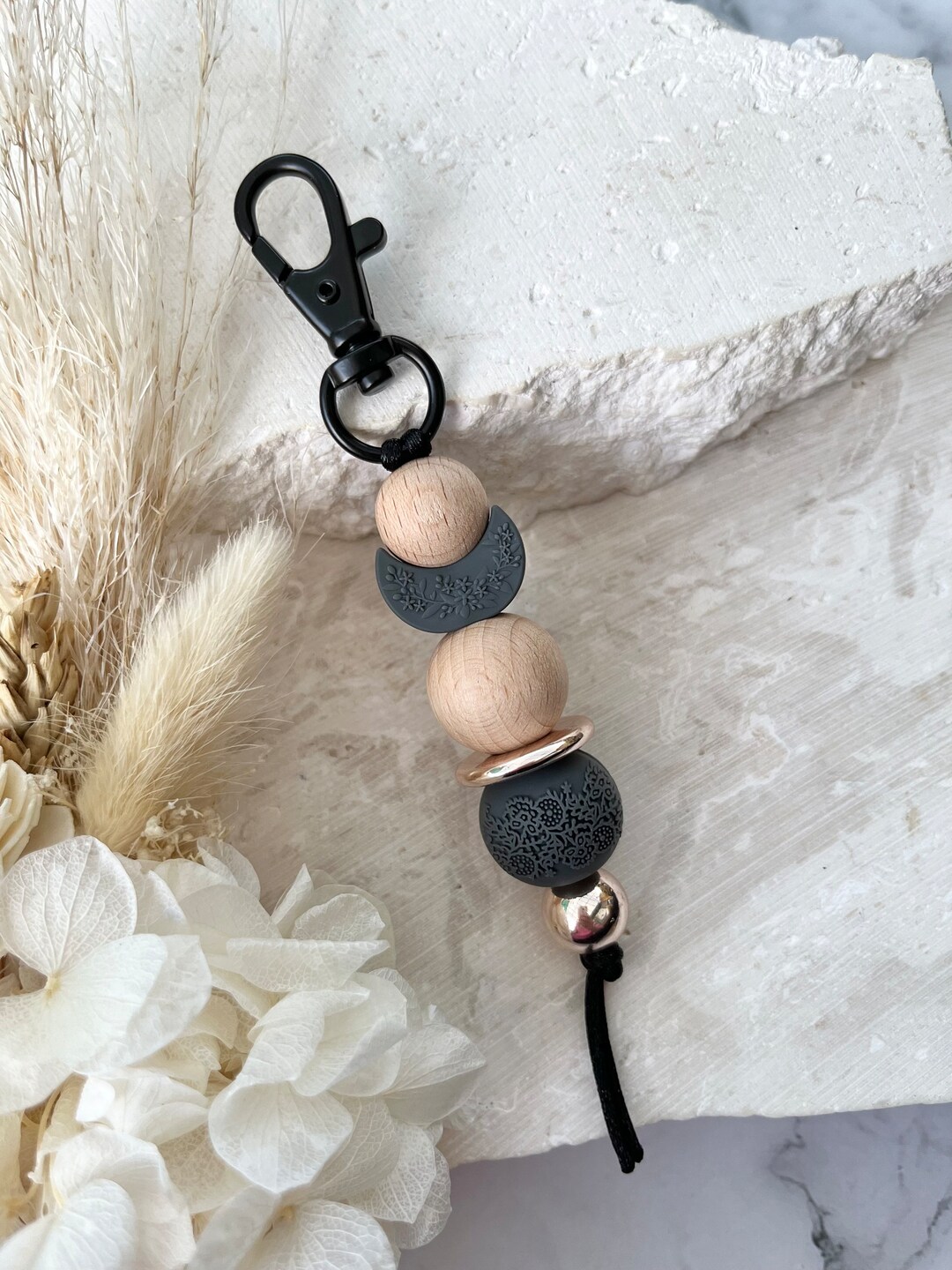 Charcoal Grey Floral Moon Keychain Keys Accessories Silicone Beaded ...