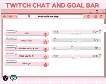 Objectifs Twitch animés et widgets de discussion - Fraise - Rose et blanc - Abonnés/Bits/Abonnés/Dons