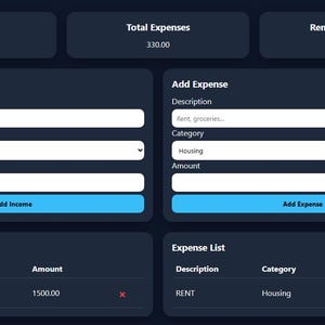 Può includere: Interfaccia digitale blu scuro che mostra dati finanziari. Mostra le entrate totali, le spese e il saldo rimanente. Ci sono sezioni per aggiungere entrate e spese, insieme a elenchi di entrate e spese. L'interfaccia è progettata per il monitoraggio finanziario.