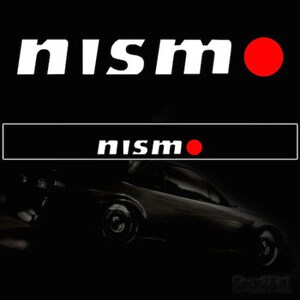 May include: Black background featuring the white word "nismo" and a red circle. Below, a black rectangle with the word "nismo" and a red circle. A dark car is visible at the bottom.