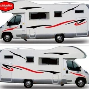 May include: A white camper van with black and red graphic decals. The decals feature a stylised wave design with a red accent.