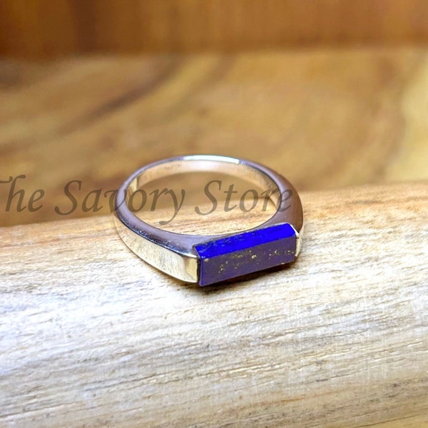 Bague en lapis lazuli, bague barre rectangulaire avec pierres précieuses, bague en argent sterling 925 faite main, bague cadeau promesse d'anniversaire, bague de mariage cadeau d'anniversaire