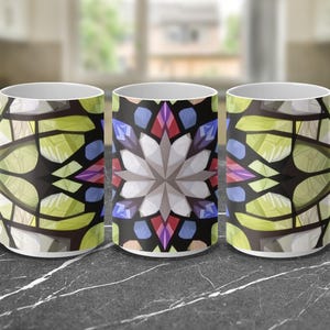 Stained Glass Mug, Colorful Floral Pattern Mug, Geometric Flower Coffee Mug, Art Nouveau Tea Cup, Unique Gift Idea, Kitchen Decor, Ceramic