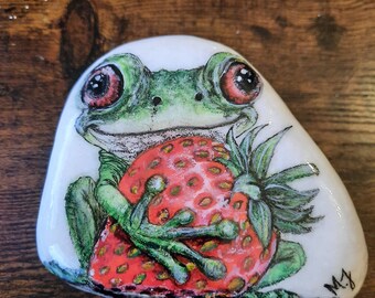 Bemalter Stein, Frosch mit Erdbeere