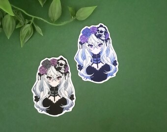 Gothic Anime Witch Sticker: Skulls, Roses, Purple Hair - Waterproof Vinyl