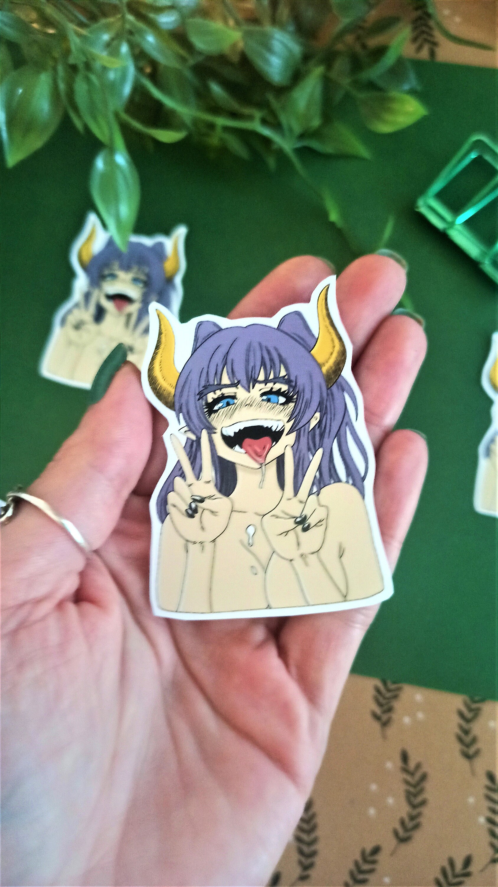 Anime Demon Girl with Horns and Purple Hair Waterproof Sticker / Ahegao Matte Sticker / Anime Busty Girl / Sexy Adult Sticker Design