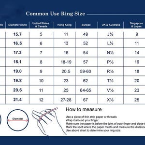 May include: A chart showing common ring sizes in millimeters and inches for different countries, including the United States, Hong Kong, Europe, the United Kingdom, Australia, Singapore, Japan, and China. The chart also includes a diagram showing how to measure your ring size using a piece of paper.