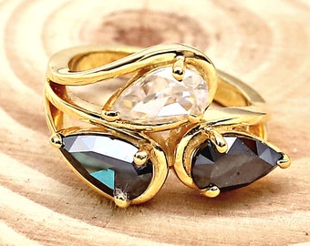 Salt and Pepper Diamond Ring 3.23CT  3-Pear Diamond Unique Engagement Ring | Custom Handmade Ring | Promise Ring | Chrishmas Gift Ring