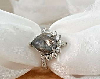 Salt and Pepper Diamond Ring| Rose Pear Diamond Cut | Art Deco Unique Engagement Ring | Handmade Ring | Promise Ring | Charm Diamond Ring
