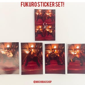 May include: A sticker set featuring images of people on a red staircase. The stickers have a vintage aesthetic with warm lighting. The text "FUKURO STICKER SET!" is at the top. The shop's Instagram handle, @MOCHIBAOSHOP, is at the bottom.