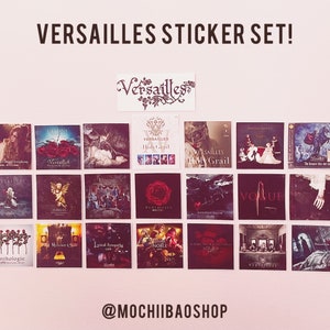 May include: A set of 16 stickers featuring album covers from the Japanese visual kei band Versailles. The stickers are arranged in a grid on a pink background. The band's name is written in cursive at the top of the image. The text "@MOCHIIBAOSHOP" is at the bottom of the image.