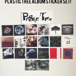 May include: A collection of square stickers featuring album art, with a banner that reads "PLASTIC TREE ALBUM STICKER SET!" and a logo. The stickers display various images, including a doll's face, a tree, and abstract designs. The shop's Instagram handle is visible.