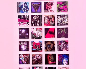 May include: A collection of 18 square stickers featuring album covers from the Japanese rock band Mejibray. The stickers are arranged in a grid on a pink wall. The stickers feature various album titles, including "VENIMS", "Sivers.tum", "Die Kiss!", "Musstafla", "Sauisgate", "Emily", "The End", and "Allergy".