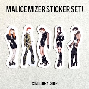 May include: A sticker set featuring five stylized images of people in gothic attire. The stickers are white with a die-cut edge. The text "MALICE MIZER STICKER SET!" is at the top. The shop's Instagram handle, @MOCHIIBAOSHOP, is at the bottom.