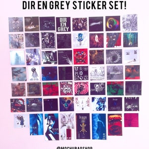 May include: A set of 36 stickers featuring album covers from the Japanese rock band Dir en grey. The stickers are arranged in a grid on a pink wall. The stickers are all square and feature a variety of images, including band photos, album art, and band logos.