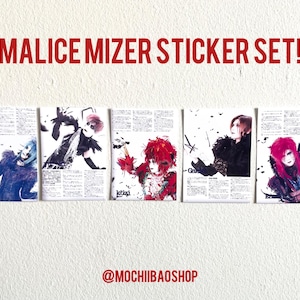 May include: A set of five stickers featuring images of the Japanese visual kei band Malice Mizer. Each sticker displays a different band member in elaborate costumes and makeup. The text "MALICE MIZER STICKER SET!" is displayed in red at the top.