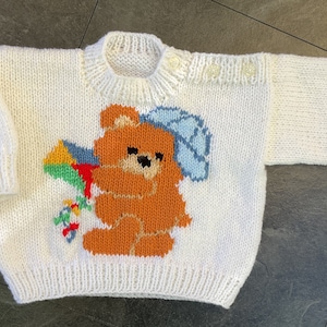 Hand knitted baby jumper with Teddy holding Red Heart. 1-2 years.