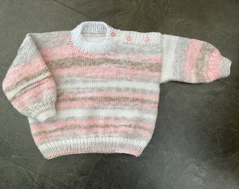 Hand knitted baby jumper in Pink, Grey & White. 1-2 yrs.