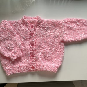 Hand knitted baby cardigan with cotton in Pink & White. 3-6 months.