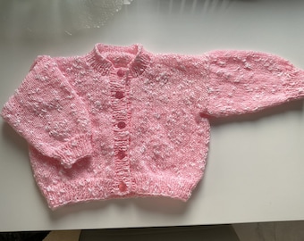 Hand knitted baby cardigan with cotton in Pink & White. 2 sizes
