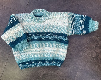 Hand knitted baby jumper in Blues & White. 1-2 years.