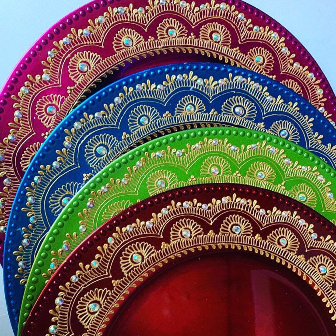 Pack of 12 Multicolored Charger Plates, Henna Mehndi Charger Round