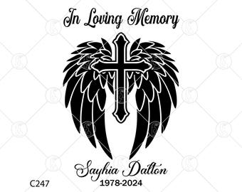 Croce commemorativa con ali d'angelo SVG PNG: In amorevole ricordo (download digitale)
