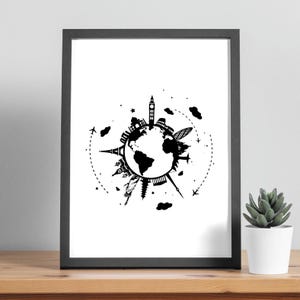 May include: Black and white illustration of a globe with famous landmarks from around the world, including the Eiffel Tower, Big Ben, and the Statue of Liberty. The globe is surrounded by airplanes and clouds.