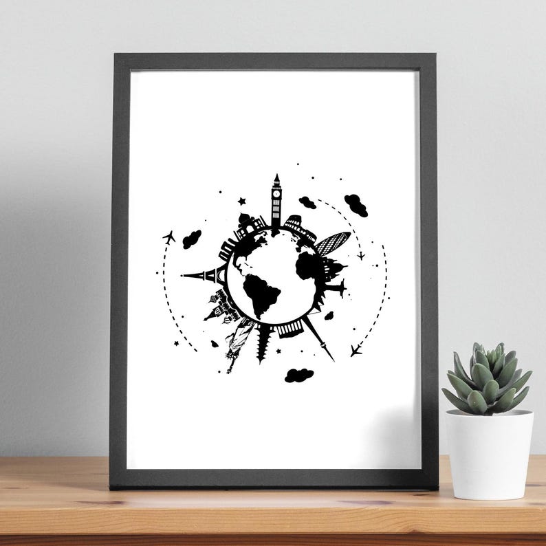 May include: Black and white illustration of a globe with famous landmarks from around the world, including the Eiffel Tower, Big Ben, and the Statue of Liberty. The globe is surrounded by airplanes and clouds.