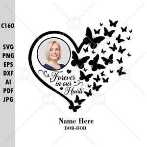 Forever In Our Hearts SVG PNG Butterflies Flying From Heart Symbol With Circle Picture Frame Memorial Editable Name Date Photo