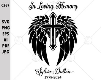 Angel Wings Cross Custom Name Date In Loving Memory SVG PNG Religious Angelic Spiritual Wings Christian Symbol Holy Cross