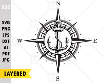 Bussola nautica con ancora SVG PNG (download digitale)