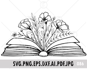 Floral Book Svg, Book With Flowers Svg, Book With Flowers, Flowers Growing Out of A Book, Book Cricut, Read Pretty Book, Floral Book Dxf
