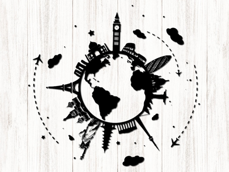 May include: Black and white illustration of a globe surrounded by iconic landmarks from around the world, including the Eiffel Tower, Big Ben, the Statue of Liberty, and the Taj Mahal.  The globe is surrounded by a dotted line representing travel routes.