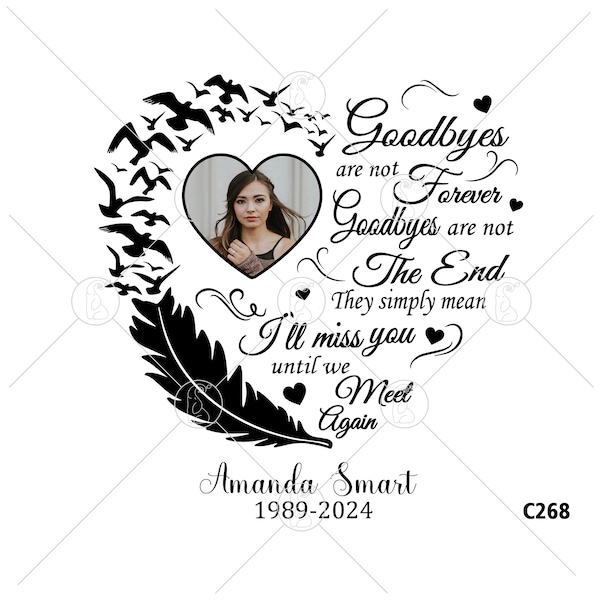 Goodbyes Are Not Forever Goodbyes Are Not The End Quotes SVG PNG Heart Picture Frame Birds Flying From Feather Editable Photo Name Date