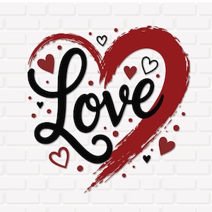 Puede incluir: Diseño gráfico con la palabra "Love" en escritura negra dentro de un corazón rojo con textura de pincelada. Pequeños corazones y puntos rojos y negros dispersos sobre un fondo de ladrillos blancos.