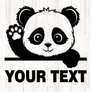 May include: Black and white panda bear illustration with the text "YOUR TEXT" below. The panda is waving with its paw. The design is on a white wooden background.