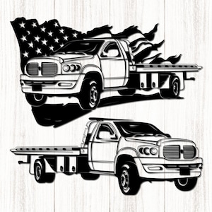 Puede incluir: Una ilustración en blanco y negro de un camión de remolque con una plataforma. El camión de remolque está decorado con una bandera estadounidense.