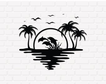 Dolphin Sunset SVG PNG: Tropical Beach Clipart – Cricut Silhouette, Digital Download