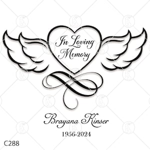 May include: Black and white illustration of a heart with wings and the text "In Loving Memory". Below the heart is a decorative swirl and the text "Brayana Kinser 1956-2024".
