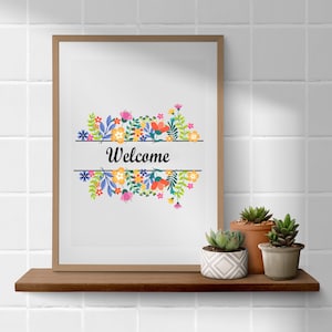 May include: A framed print with a floral design and the word "Welcome" in black text. The print is on a shelf with three potted succulents.